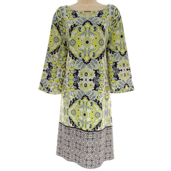 Tacera Black Yellow Paisley Print Keyhole Midi Shift Dress Size 3X 22 24 Plus Sz - Picture 1 of 6